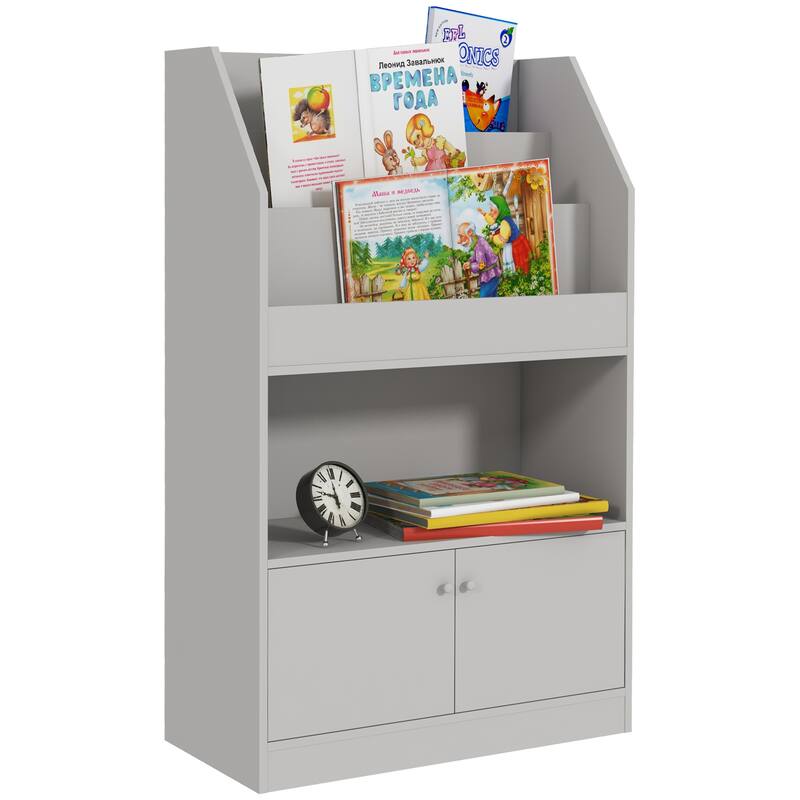 Qaba Kids Bookshelf, Toy Storage Organizer Toddler Bookcase for Bedroom, Playroom, Nursery, 3-8 Years Old - Grey