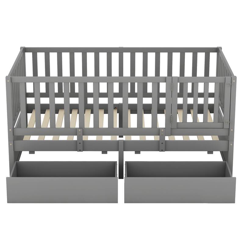 Modern Wood Daybed with Fence Guardrails and 2 Drawers