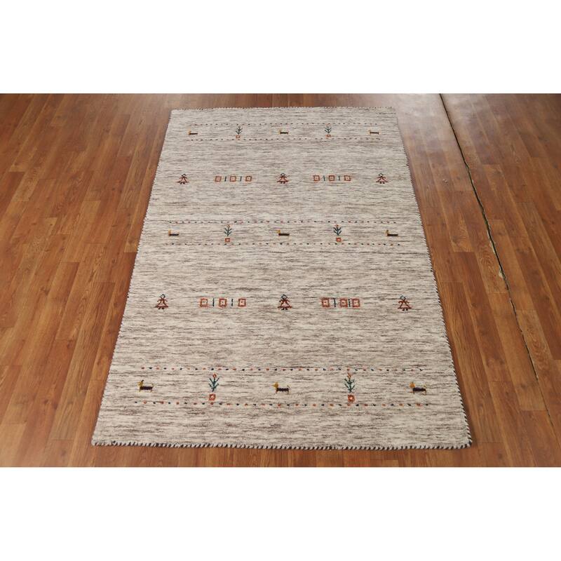 Hand Knotted Oriental 100% Wool Carpet Tribal Animal Pictorial Beige & Ivories Gabbeh Area Rug - 5' 9'' X 3' 10''