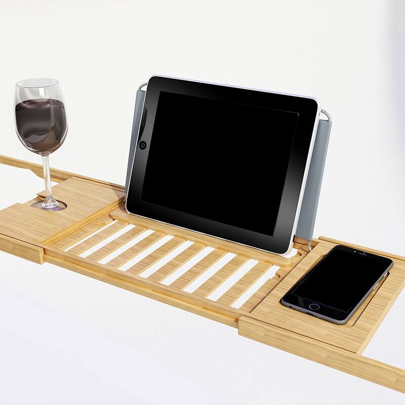 Bamboo Bathtub Tray - Wood Bath Caddy with Extended Sides for Bath Accessories by Home-Complete (Natural)