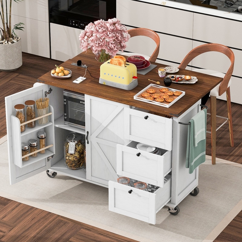 54.5" Farmhouse Kitchen Island with Power Outlet, Rolling Kitchen Cart Storage with Internal Storage Rack, Drop Leaf, Spice Rack