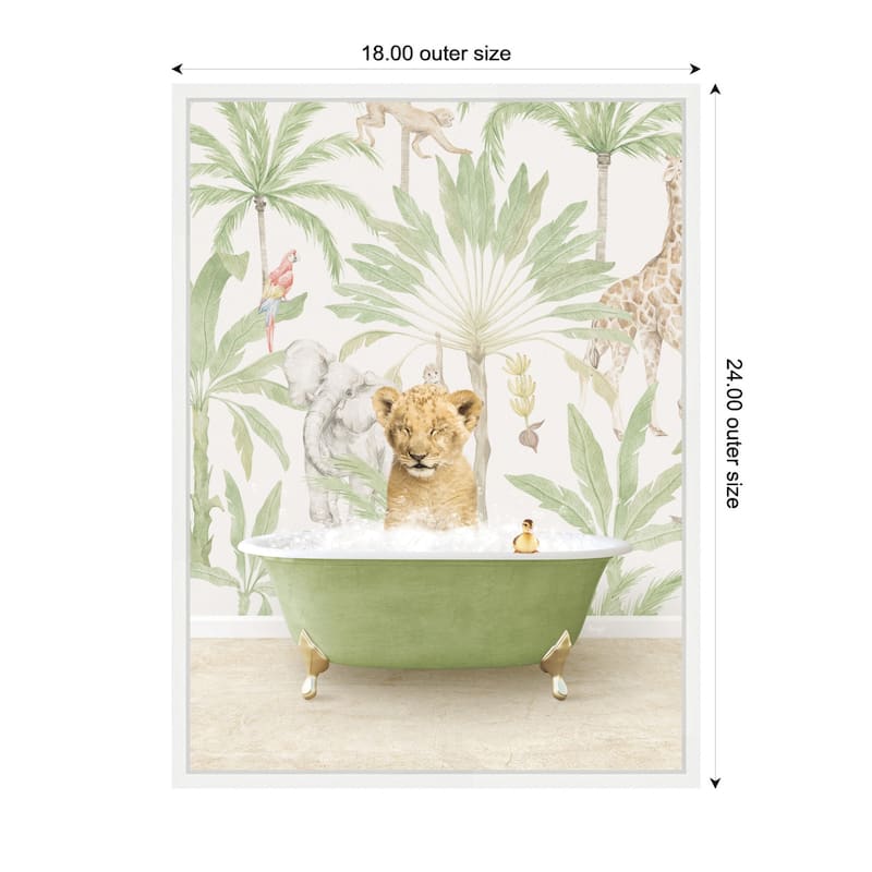 Kate and Laurel Sylvie Lion Cub in Wild Safari Bathtub Framed Canvas by Amy Peterson
