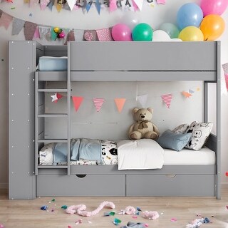 Twin Over Twin Bunk Bed with Drawers and Cabinet
