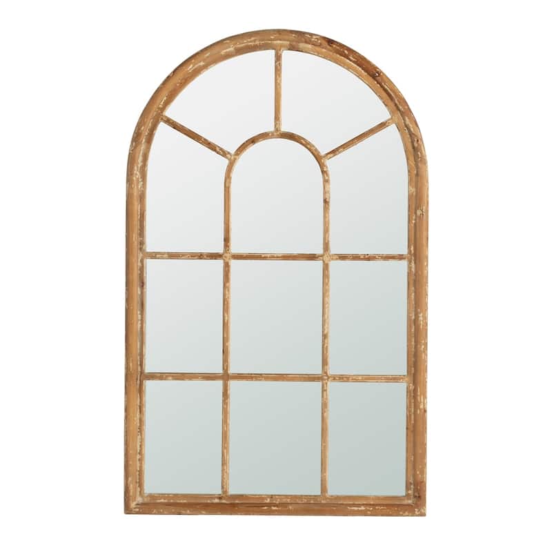 Large Arched Accent Mirror with Brown Frame w/ Decorative Window Look
