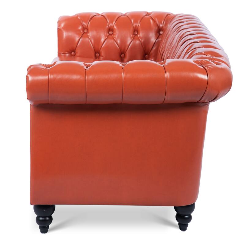 Chesterfield PU Leather 3 Seater Sofa, Button Tufted Deep Seat Sofa, Upholstered Sofa with Rolled Arms & Nailhead Trim