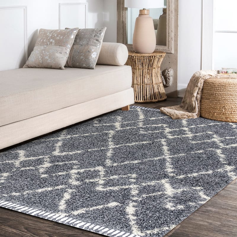 JONATHAN Y Modern Shag Plush Tassel Moroccan Tribal Geometric Trellis Area Rug