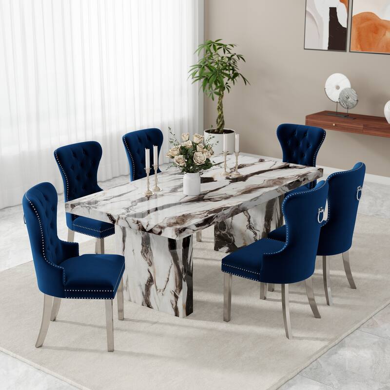 Roundhill Furniture Cavira 7-Piece Modern Faux Marble Dining Set