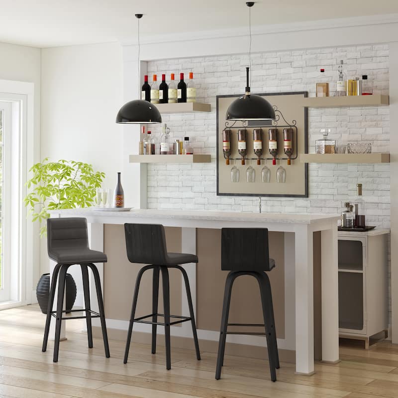Skara Swivel Bar Stool, Upholstered Bar Height Chair with Bentwood Frame - Grey & Black - Set of 3