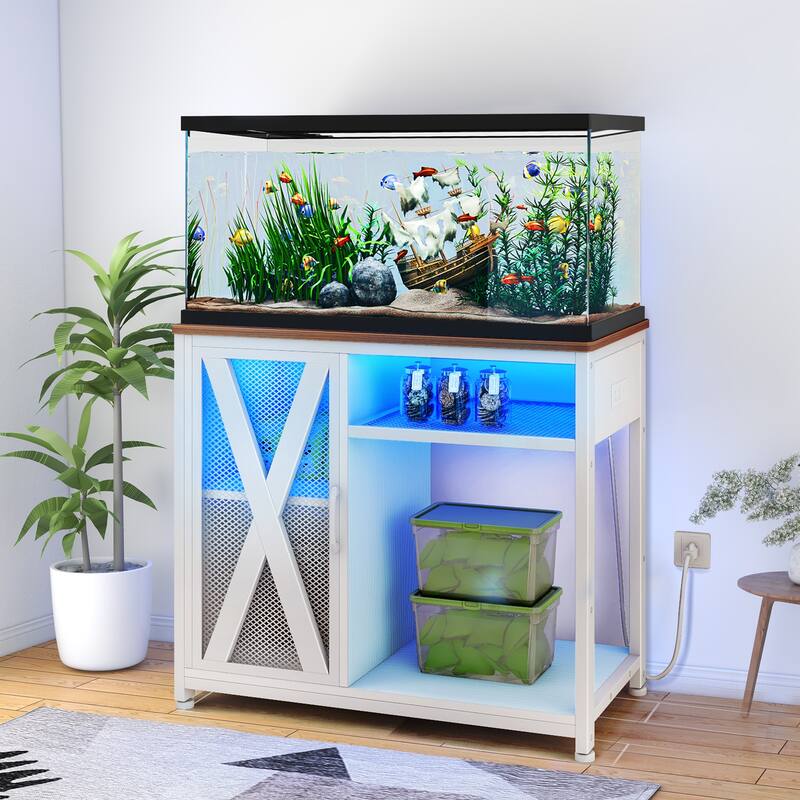 LED Aquarium Stand with Storage Cabinet and Power Outlets