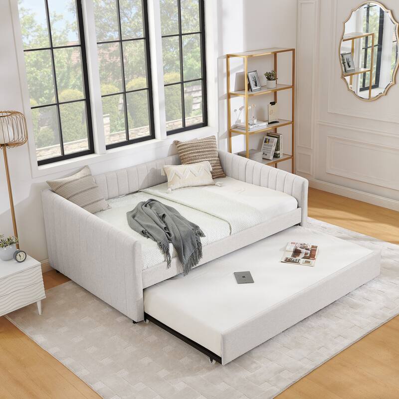 Twin/Full Size Daybed with Trundle, Upholstered Sofa Bed with Vertical Stripes, Linen Fabric, Comfortable Seating for Bedroom