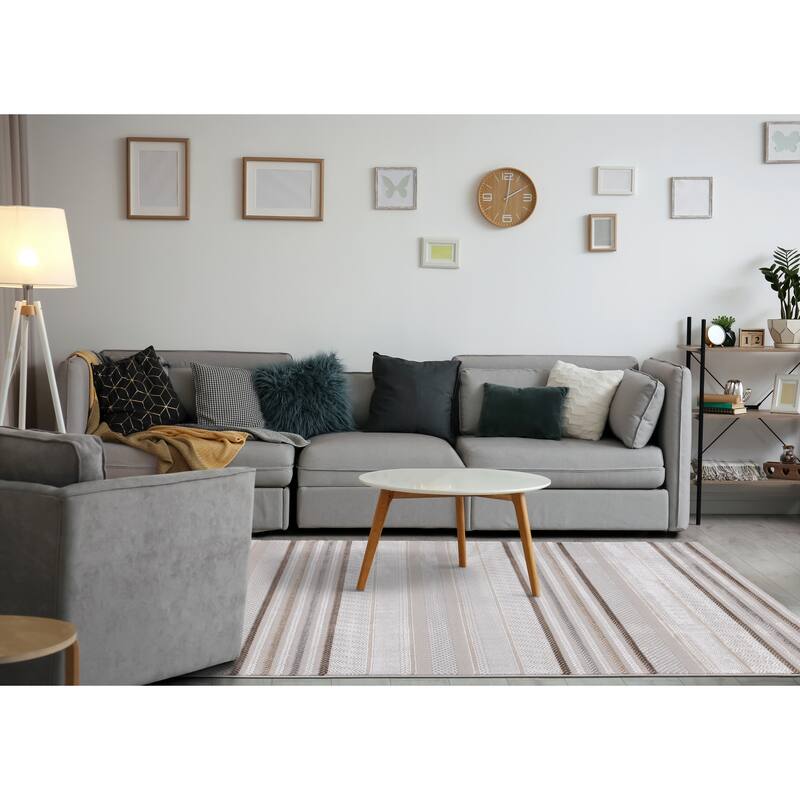 London Collection - Cream Taupe Brown Striped Indoor Area Rug, 5'3" x 7'7"
