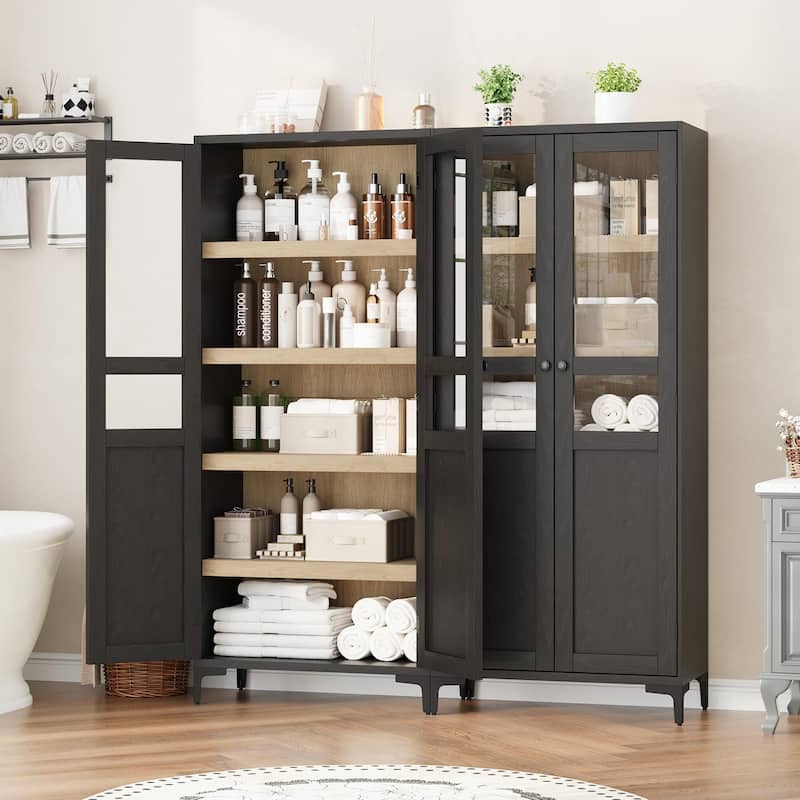Tall Storage Cabinet,2 Glass Doors, Kitchen Pantry 5 Tier Bathroom Cabinet