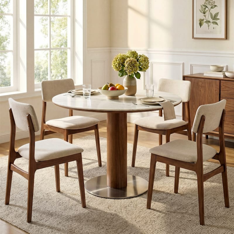 31.5 Inch Round Dining Table for 2-4, Solid Wood Circle Kitchen Table with Stainless Steel Pedestal, Sintered Stone Top