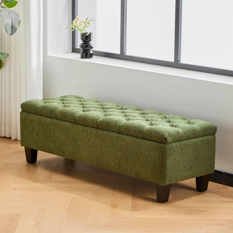 Ottoman Bench with Storage and Rubber Wood Legs - Green