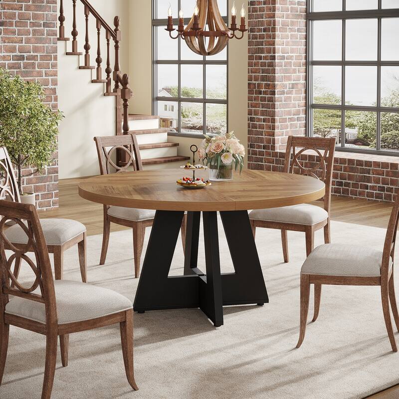 47" Round Wood Dining Table 4-Seater Farmhouse with Wooden Tabletop Cross Base for Dining Room/Kitchen