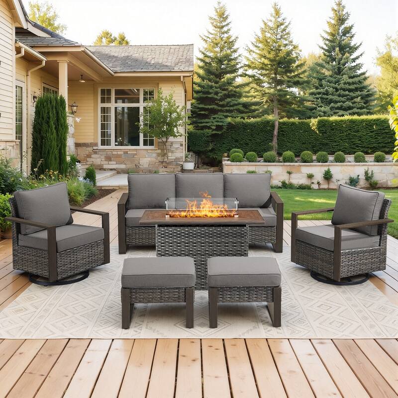 Meyreso Wicker Outdoor Patio Fire Pit Set with Swivel Gliders & 4.5" Olefin Cushions