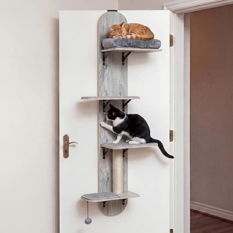 Gymax Door Hanging Cat Climber w/Plush Bed Scratching Post Carpeted - Grey