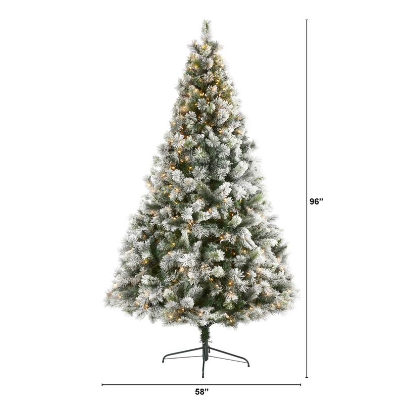 8ft Flocked Christmas Tree with Lights - Prelit Artificial Pine Holiday Decor - Green - 96