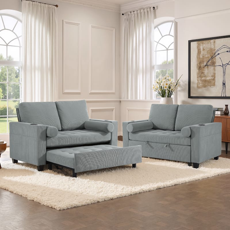 Set of 2 Corduroy Convertible Sleeper Chairs Pull-Out Chair Beds with Adjustable Recline