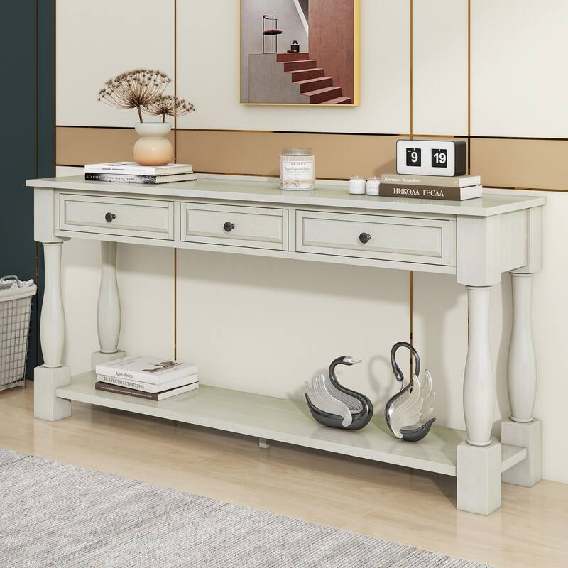 63" Console Table, Wood Sideboard Table Storage Cabinet w3 Drawer & 1 Shelf, Entrance Table for Entryway, Hallway, Living Room - Antique White