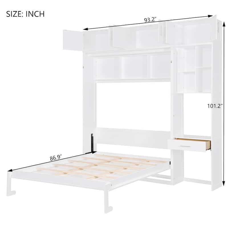 Foldable Queen Murphy Bed with Desk, Top Cabinet, Bookshelves - Space-Saving Wall Bed Design