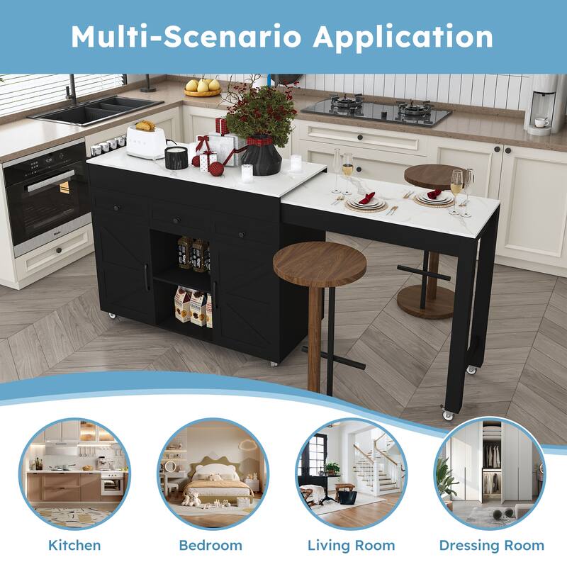 Rossetta 74.8" Removable Extendable Kitchen Cart with Mobile Universal Wheels and Power Outlet