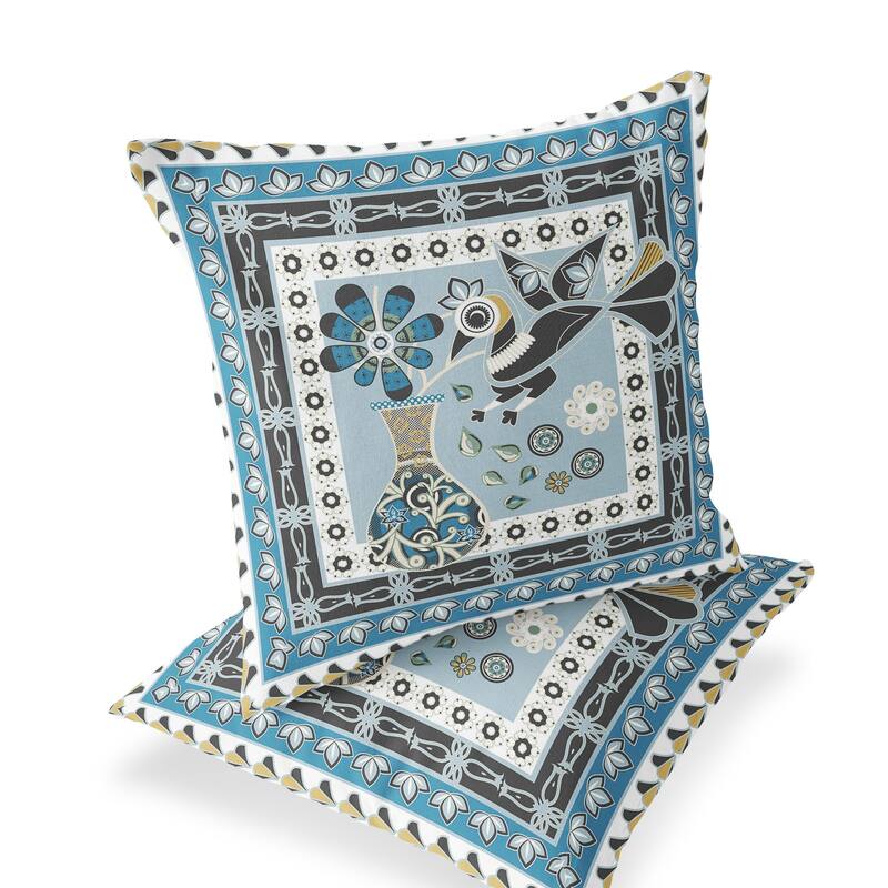 HomeRoots Set of Two 16" X 16" Blue and Black Peacock Blown Seam Floral Indoor Outdoor Throw Pillow - 16.00' X '16.00' X '5.00