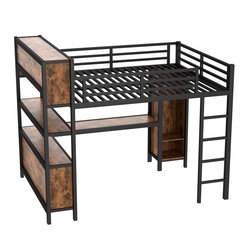 Queen Size Metal Loft Bed with Wardrobe, L-shaped Desk, and Storage Shelves