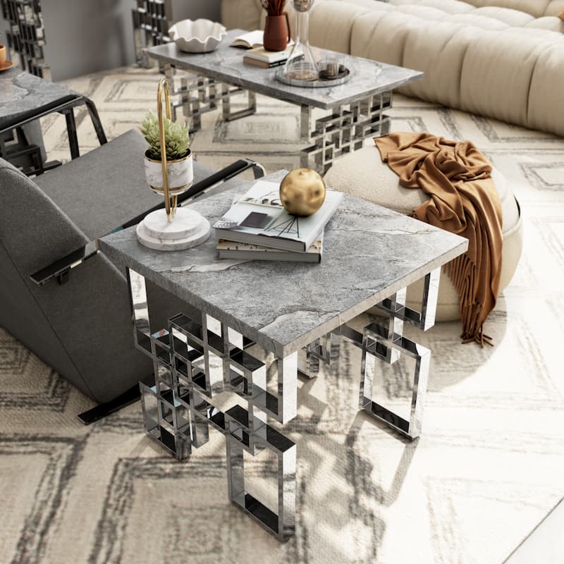 Modern End Table 23 inch Square Living Room Side Table with High Gloss Top and Mirrored Metal Geometric Base