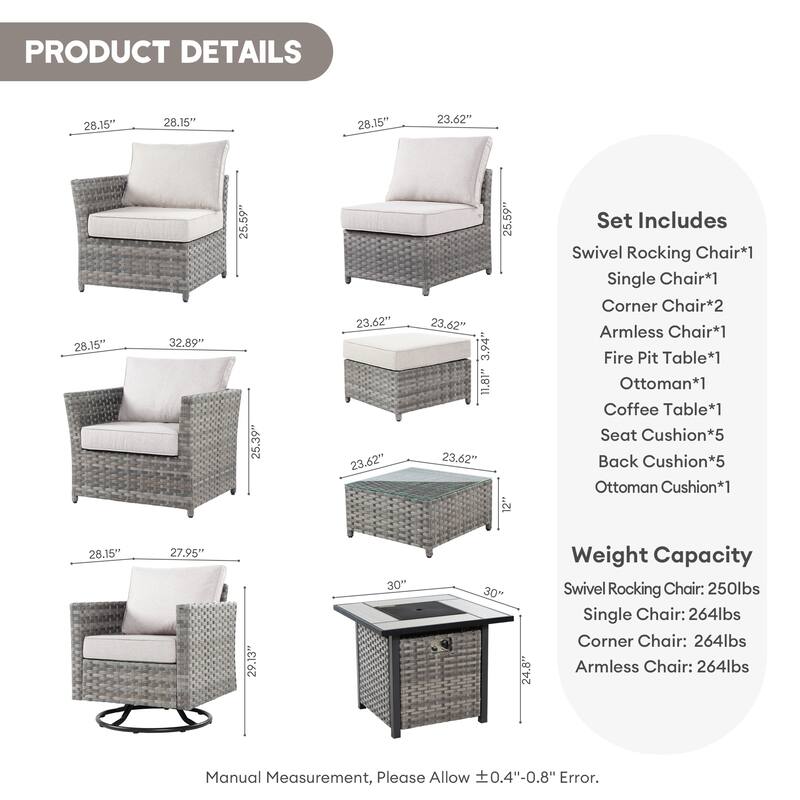 XIZZI 8-piece Outdoor Furniture Wicker Sofa Set with Fire Pit