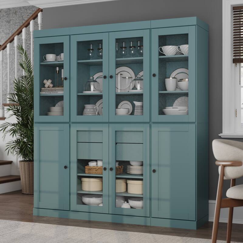 Palace Imports 100% Solid Wood 65" Pantry Cabinet with Clear Glass, Shaker Doors, 2-Drawers and Adjustable Shelves - Aqua Blue