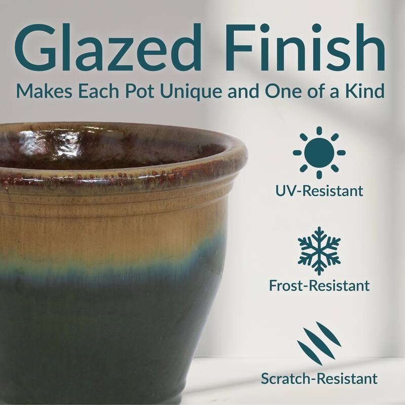 Sunnydaze Studio High-Fired Glazed Ceramic Planter - 15-Inch - Forest Lake Green