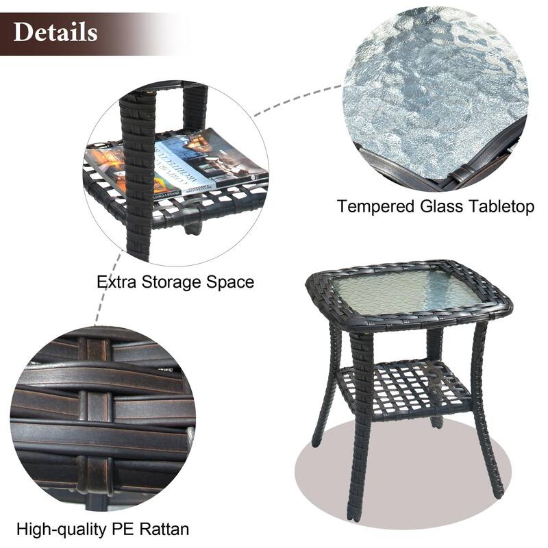 XIZZI Patio Wicker Side Table with Toughened Glass Top