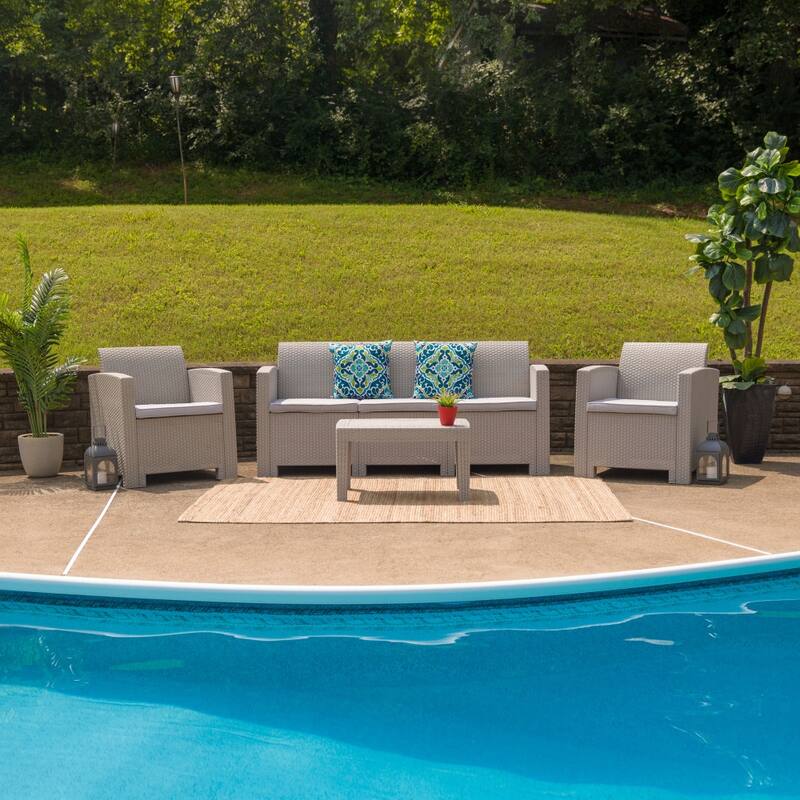 4 Piece Outdoor Faux Rattan Chair, Sofa and Table Set