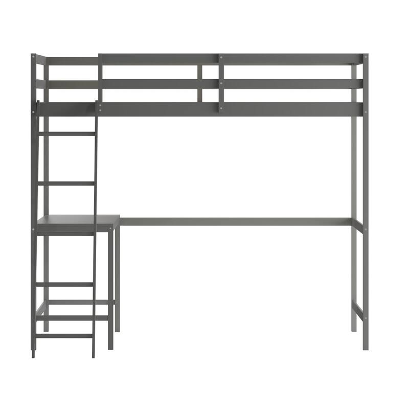 Traditional Wood Slat Loft Bed with Integrated Desk & Ladder