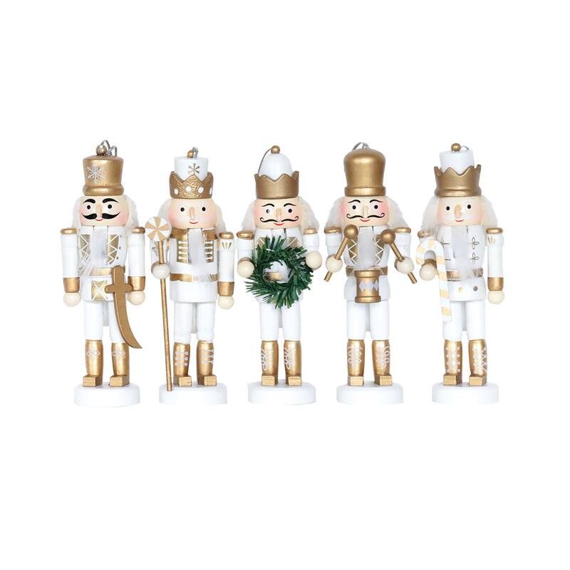 5 inch White & Gold Nutcrackers, Set of 5