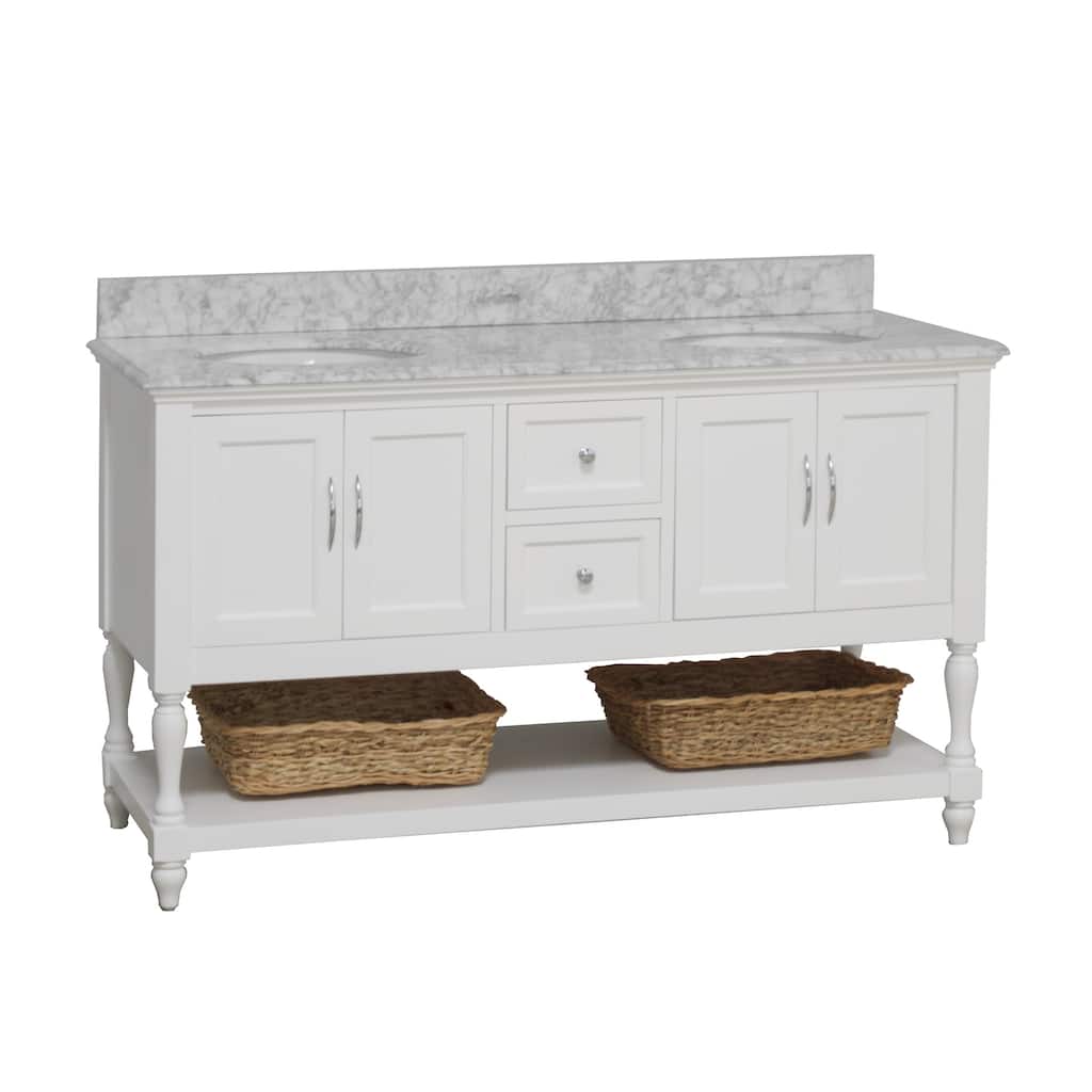 KitchenBathCollection Beverly 60" Double Bathroom Vanity with Carrara Marble Top