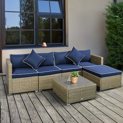 Outsunny 6-Piece Outdoor Patio Rattan Wicker Furniture Set with Comfortable Cotton Cushions, Removable Slip Covers