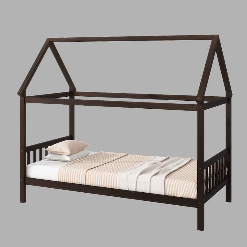 Stylish Twin House Bed with Headboard, Footboard, and Rubber Wood Frame for Kids Bedroom - Espresso - Twin