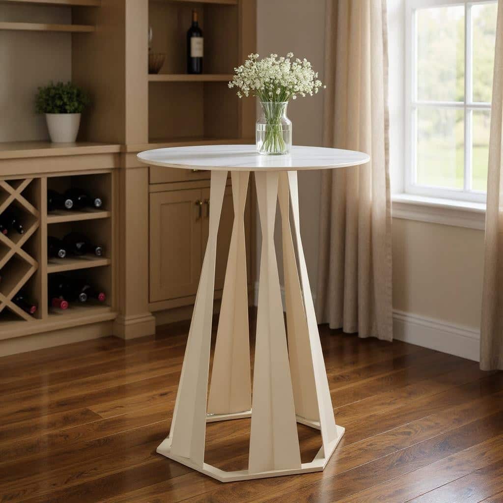 HomeRoots 26" White Faux Marble and Steel Rounded Bar Table - 26.00 in. x 43.70 in. x 26.00 in.
