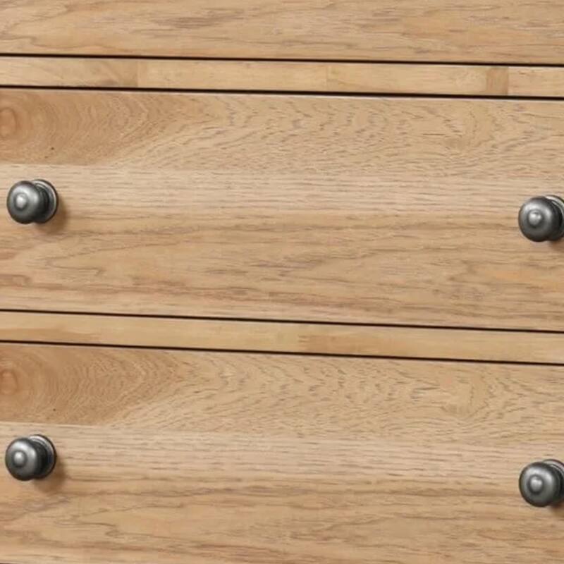 Lexa Tall Dresser Chest, 5 Drawers, Natural Oak Brown Wood, Pewter Metal