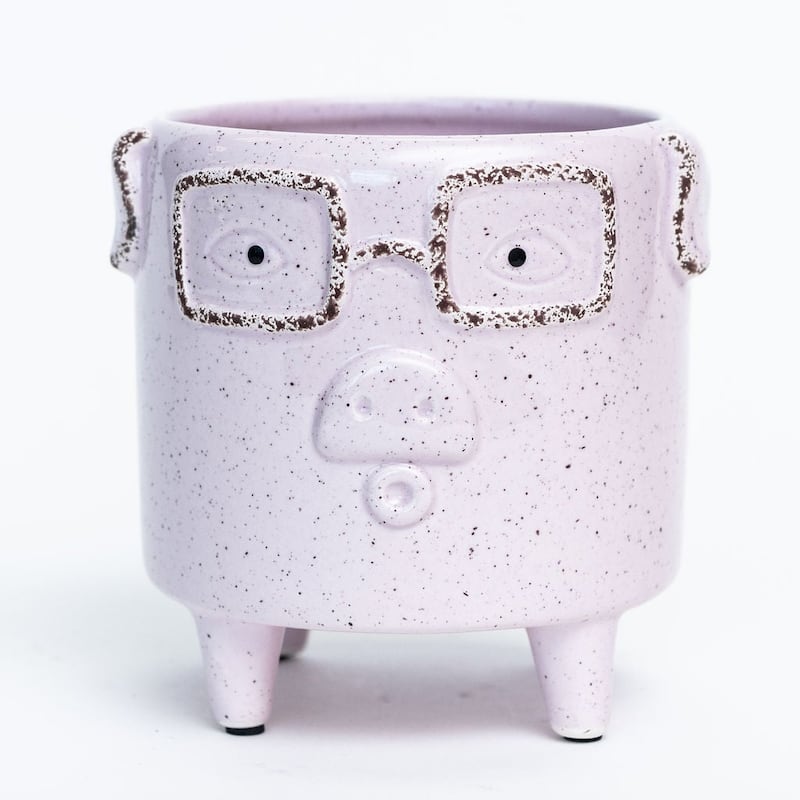 Pink Speckled Pig With Glasses Footed Planter