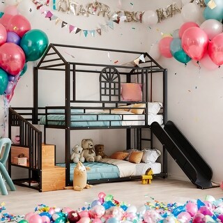Twin Over Twin Metal Bunk Bed, Metal Housebed with Slide and Storage Stair, Black