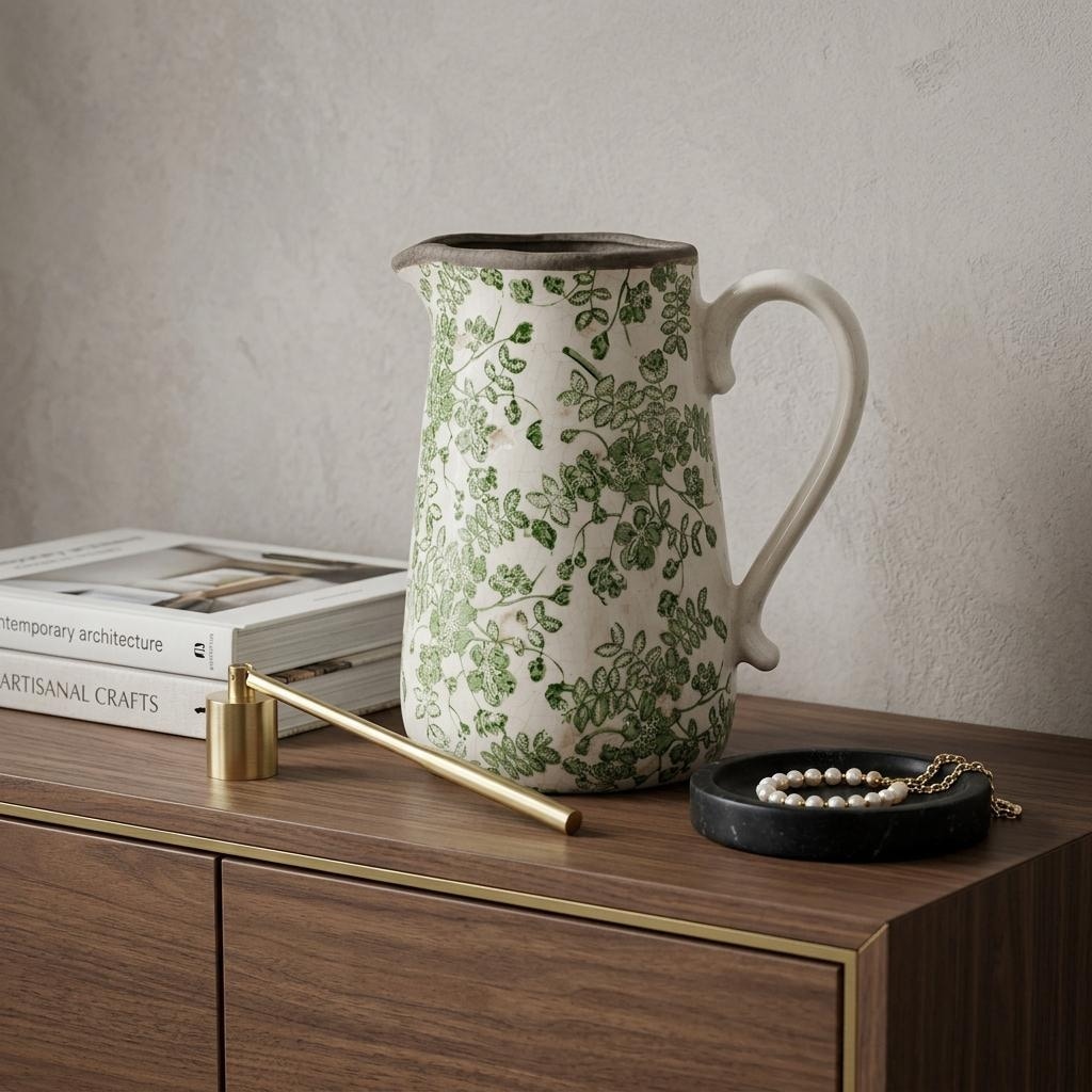 9" Green And White Leaf Ceramic Round Jug Vase - 8.10