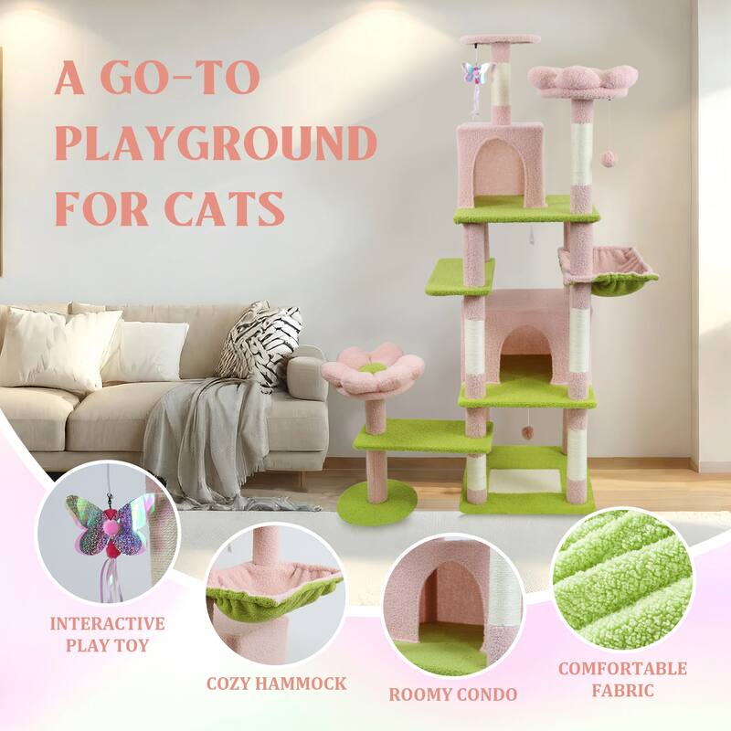 71 inch flower cat tree with large condo removable flower cushion and hammock pink - Pink