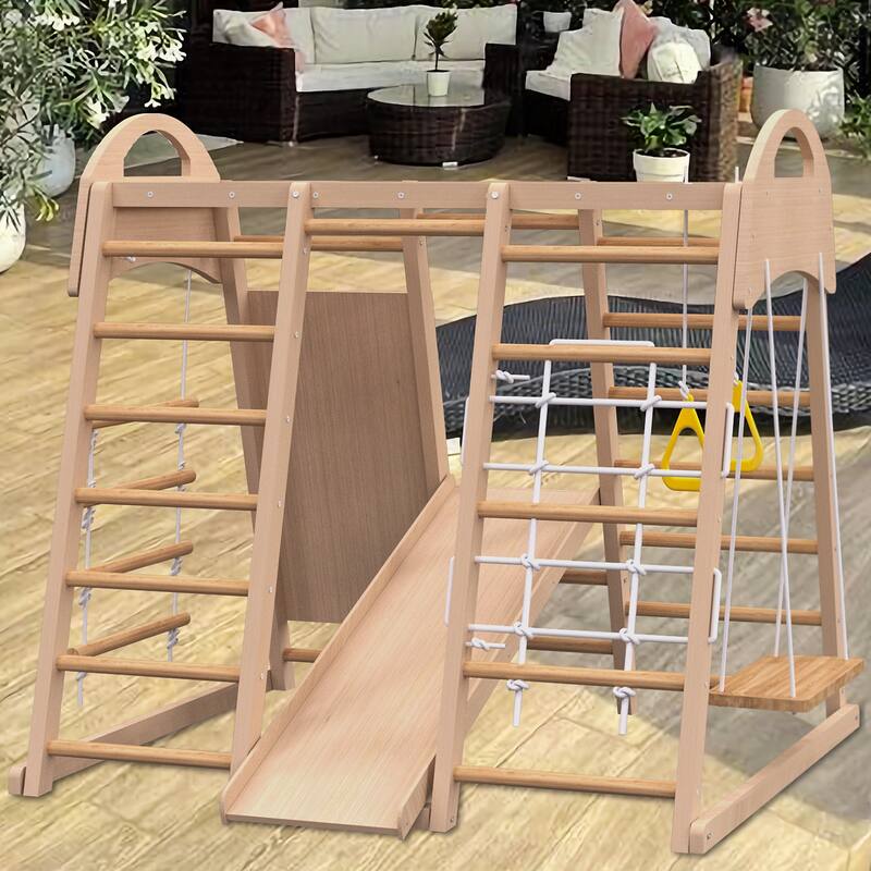 7-in-1 Indoor Jungle Gym Playset w/Slide, Climbing Wall, Rope Wall Climber, Monkey Bars, Swing
