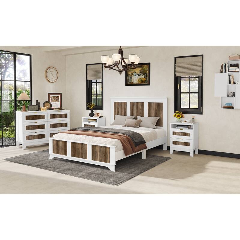 Queen Size Particle Board 4-Piece Bedroom Set with Farmhouse Platform Bed and 700lb Capacity
