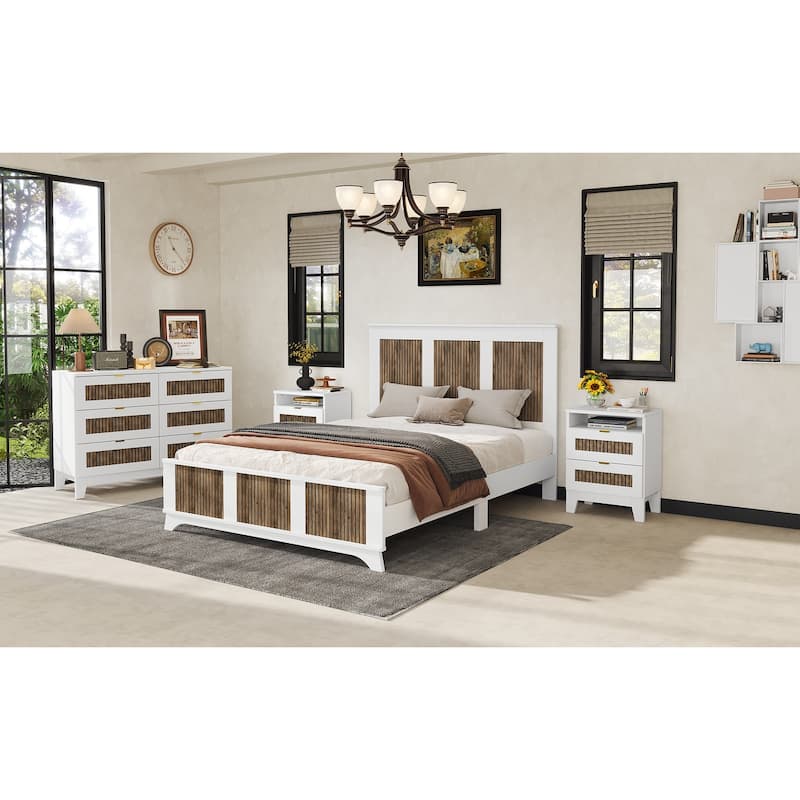 Queen-Size Wood Platform Bed Frame with Headboard - Wooden Strip Decoration and Plywood Slat Support