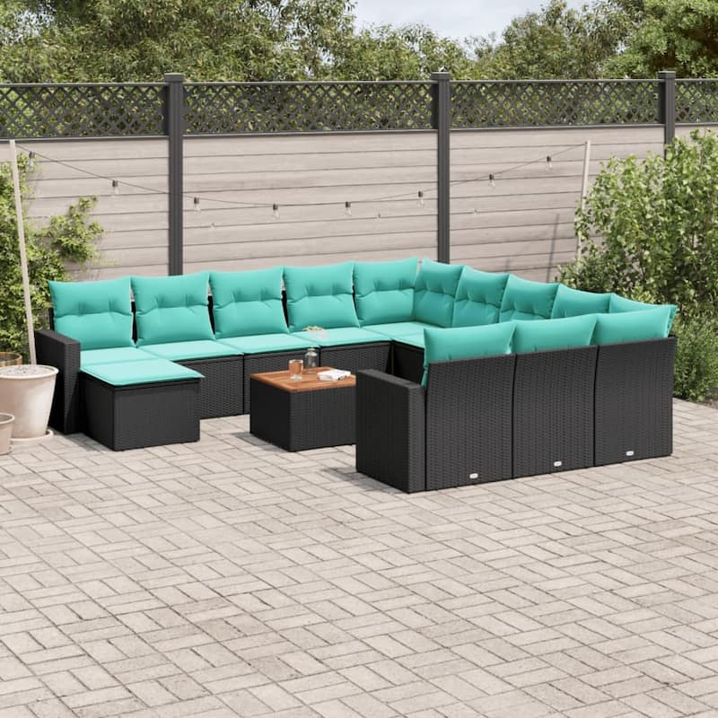 vidaXL 13 Piece Patio Sofa Set with Cushions Black Poly Rattan - 24.4" x 24.4" x 27.2" - Black and blue