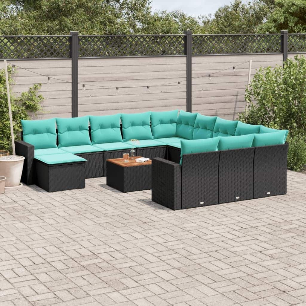 vidaXL 13 Piece Patio Sofa Set with Cushions Black Poly Rattan - 24.4" x 24.4" x 27.2"